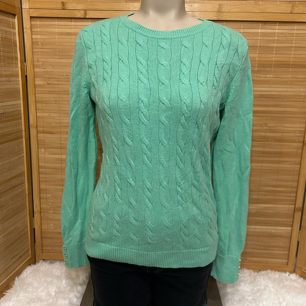 Talbots Green Lambswool Blend Cable Knit Sweater long sleeve top M PETITE MP
